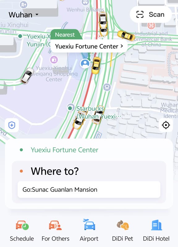 DiDi English app home screen showing map interface and Where to destination bar