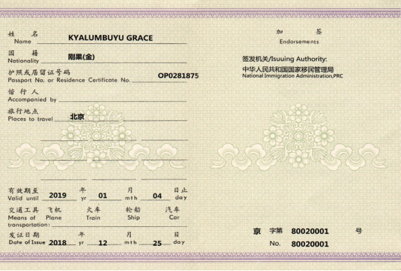 Official NIA sample image of the Chinese Foreigner's Travel Document (外国人旅行证样式)