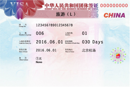 Official NIA sample image of a Chinese group visa (团体签证样式)