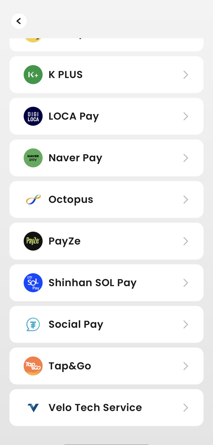 TenPayGo e-wallet list end showing K PLUS, LOCA Pay, Naver Pay, Octopus and other wallets