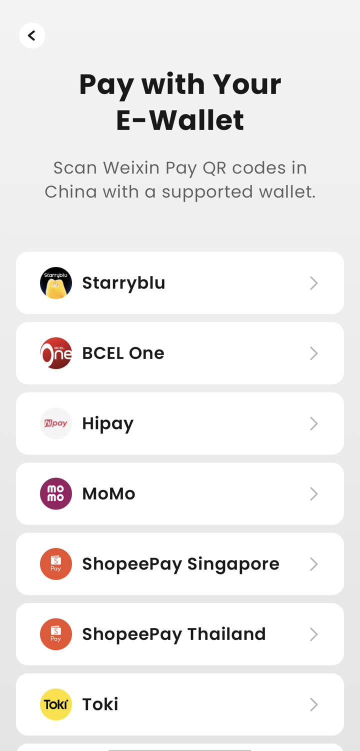 TenPayGo e-wallet list top showing Starryblu, BCEL One, Hipay, MoMo and ShopeePay entries