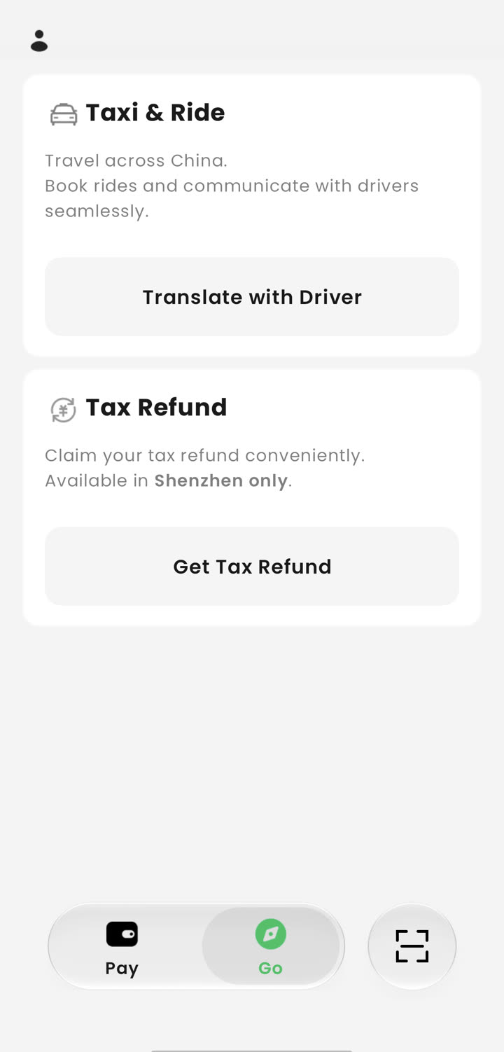 TenPayGo Go tab showing Taxi and Ride card with Translate with Driver, and Tax Refund card marked Shenzhen only