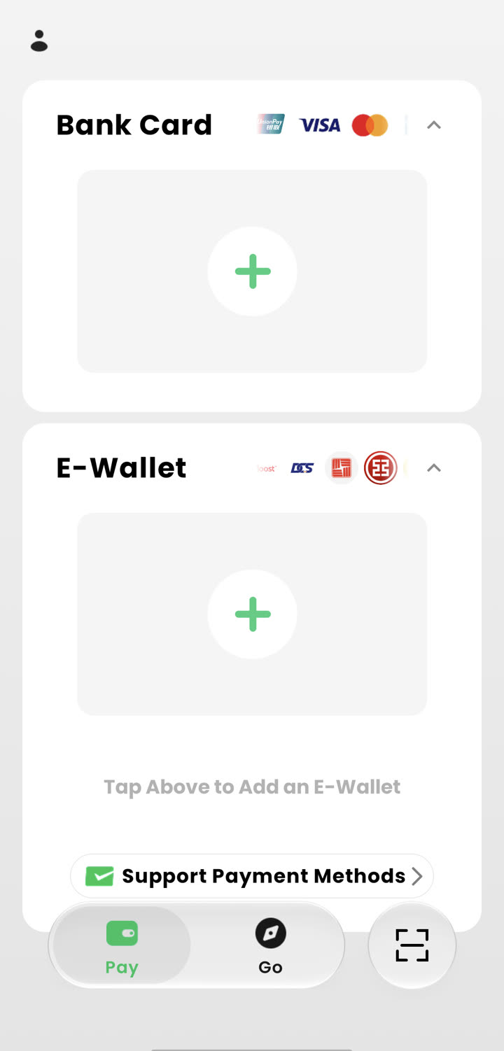 TenPayGo Pay tab with Bank Card and E-Wallet sections showing rotating card network and wallet logos