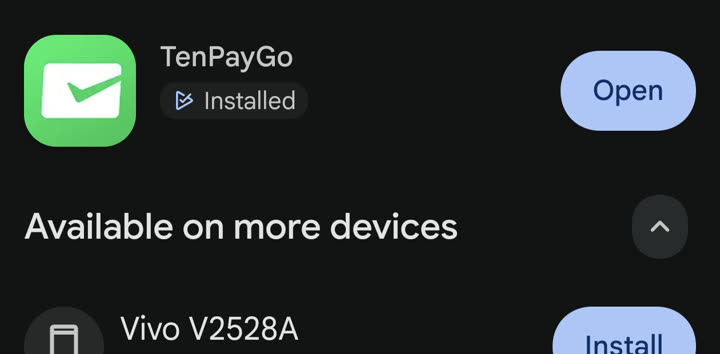 TenPayGo app listing on Google Play showing the green check-mark icon, Installed badge and Open button